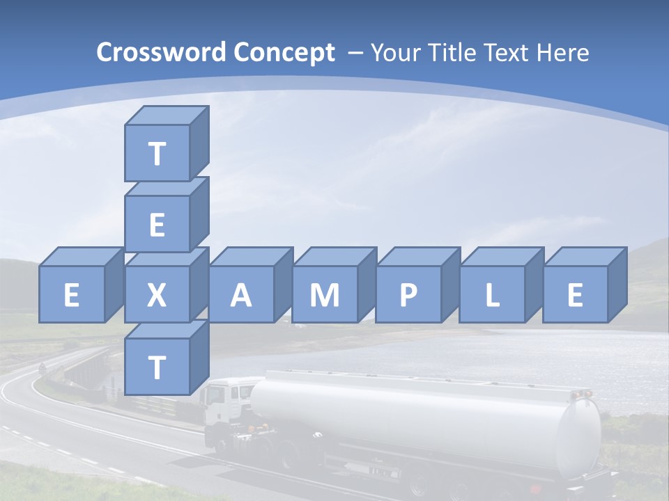 A Tanker Truck Driving Down A Road Next To A Lake PowerPoint Template