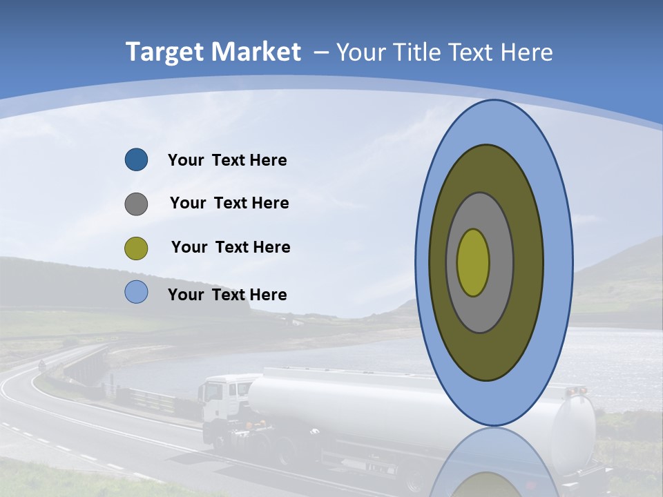 A Tanker Truck Driving Down A Road Next To A Lake PowerPoint Template