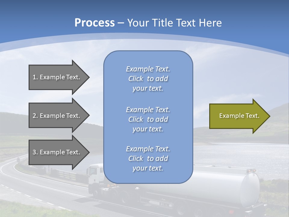 A Tanker Truck Driving Down A Road Next To A Lake PowerPoint Template