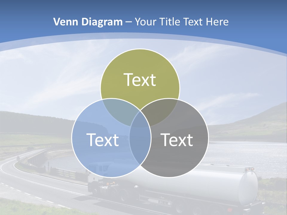 A Tanker Truck Driving Down A Road Next To A Lake PowerPoint Template