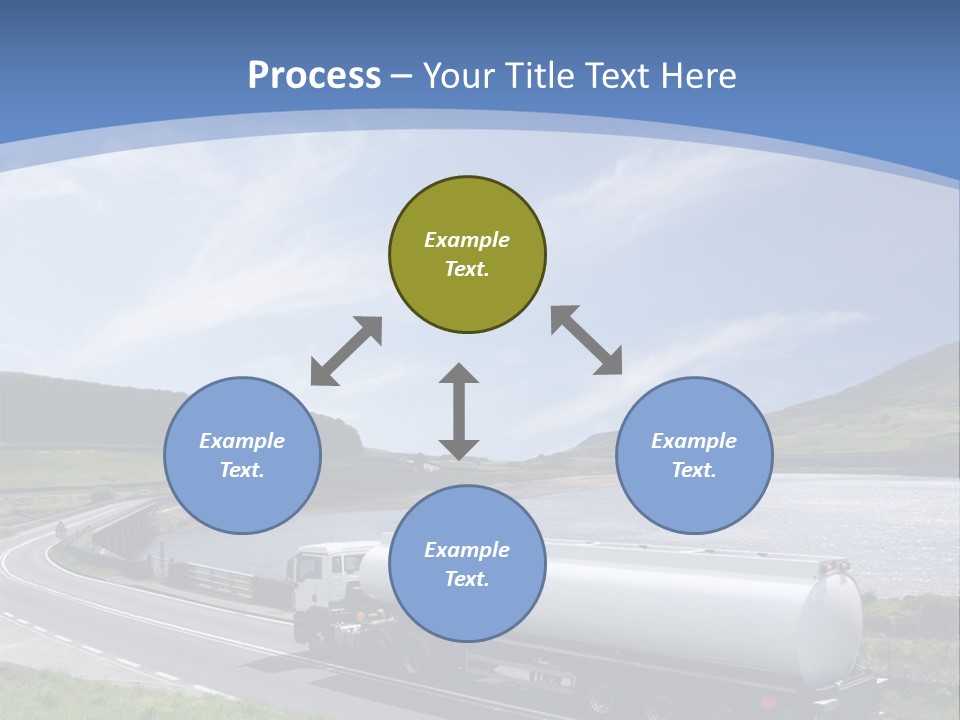 A Tanker Truck Driving Down A Road Next To A Lake PowerPoint Template