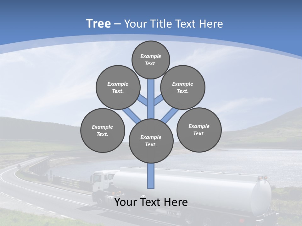 A Tanker Truck Driving Down A Road Next To A Lake PowerPoint Template