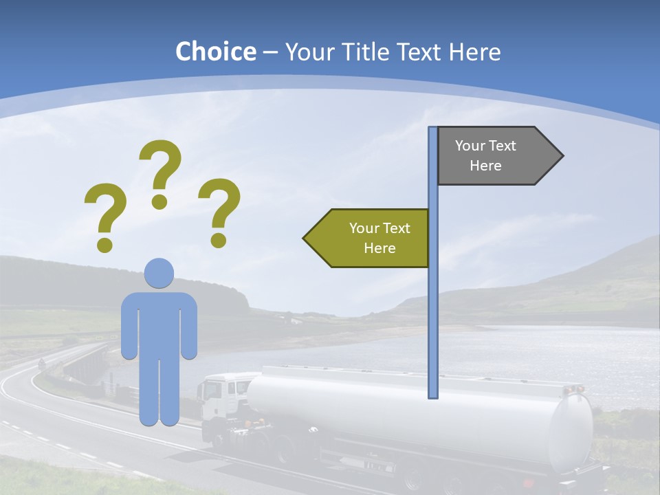 A Tanker Truck Driving Down A Road Next To A Lake PowerPoint Template