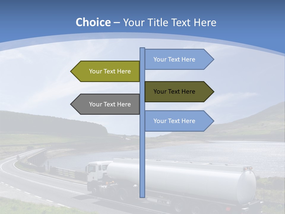 A Tanker Truck Driving Down A Road Next To A Lake PowerPoint Template