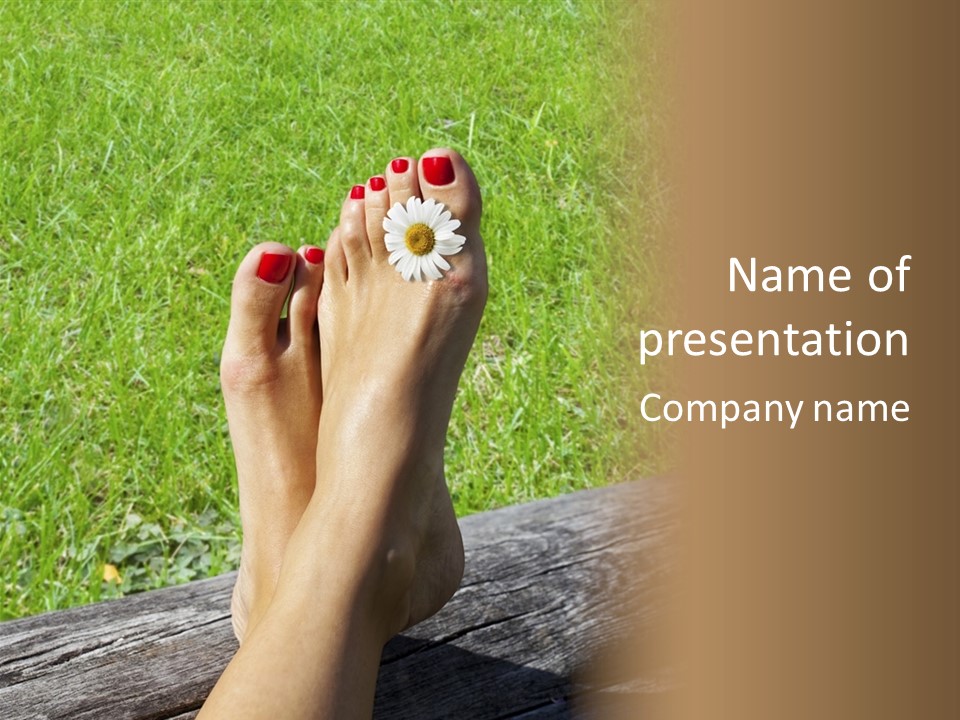 A Woman's Feet With Red Nail Polish And A Flower On Her Toe PowerPoint Template