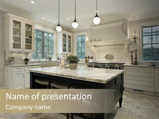 A Large Kitchen With A Center Island In The Middle Of It PowerPoint Template