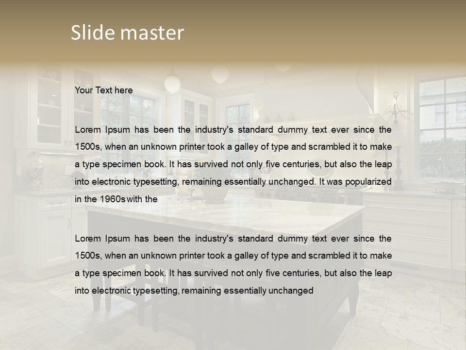 A Large Kitchen With A Center Island In The Middle Of It PowerPoint Template