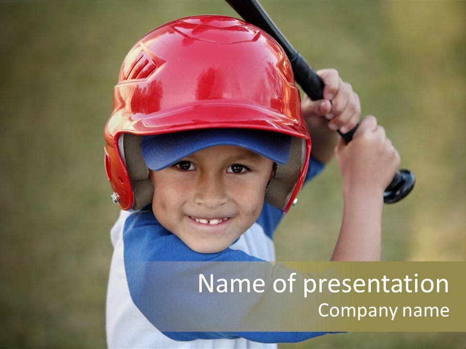 A Young Boy In A Baseball Uniform Holding A Bat PowerPoint Template