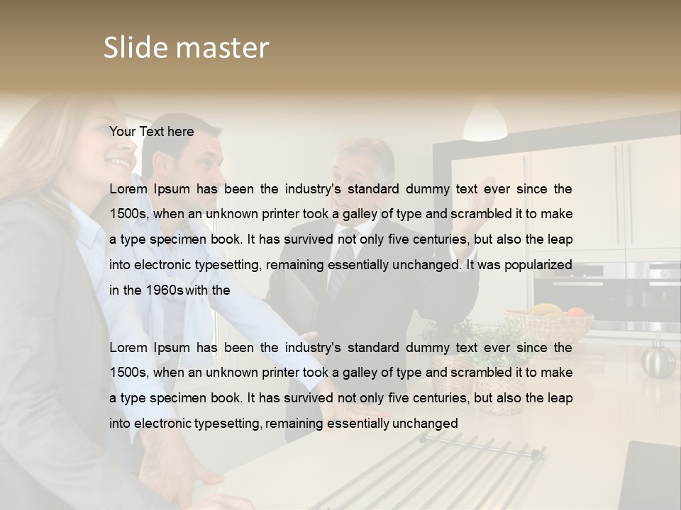 A Group Of People Standing Around A Kitchen Counter PowerPoint Template