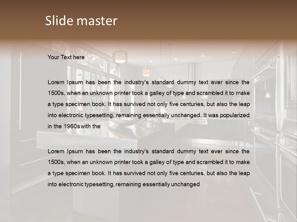 A Modern Kitchen With Stainless Steel Appliances And A Large Window PowerPoint Template