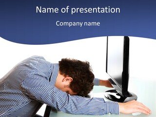 A Man Leaning Over A Computer Monitor With His Head On The Monitor PowerPoint Template