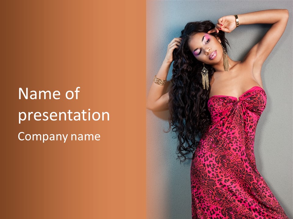 A Woman In A Pink Dress Is Posing For A Picture PowerPoint Template