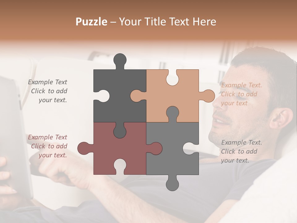 A Man Sitting On A Couch Looking At A Tablet PowerPoint Template