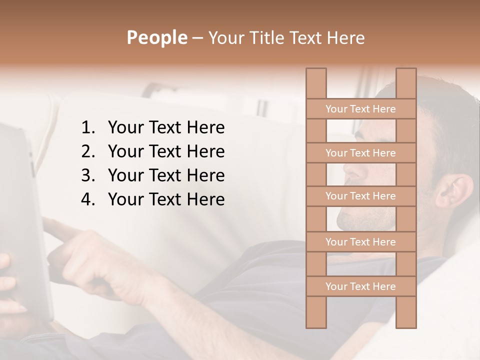 A Man Sitting On A Couch Looking At A Tablet PowerPoint Template