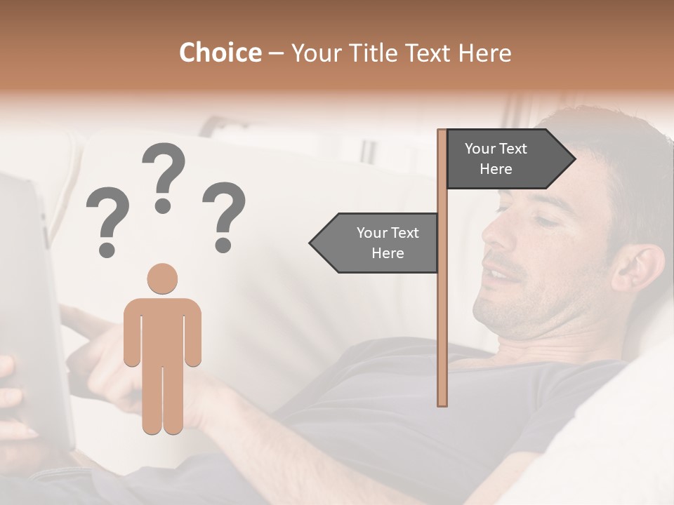 A Man Sitting On A Couch Looking At A Tablet PowerPoint Template