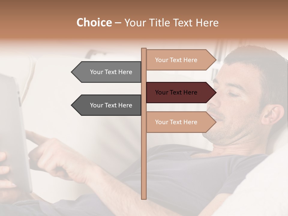 A Man Sitting On A Couch Looking At A Tablet PowerPoint Template