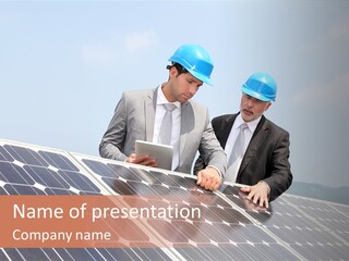 Two Men In Hard Hats Looking At A Solar Panel PowerPoint Template