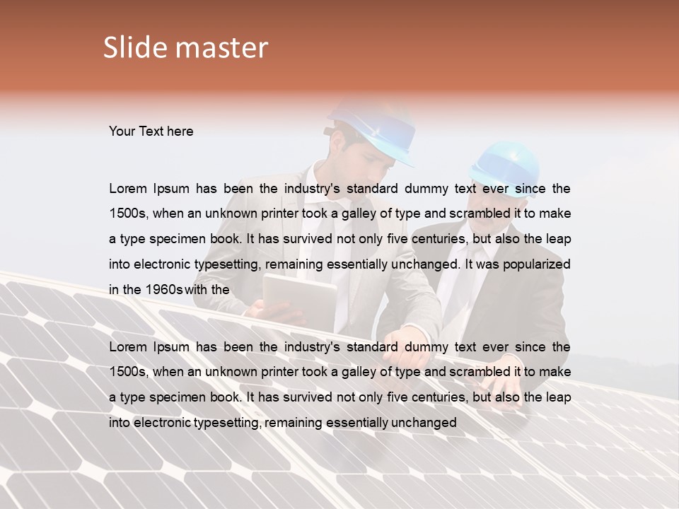 Two Men In Hard Hats Looking At A Solar Panel PowerPoint Template