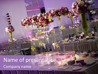 A Room Filled With Lots Of Tables Covered In Purple And White Flowers PowerPoint Template