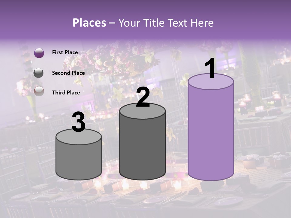 A Room Filled With Lots Of Tables Covered In Purple And White Flowers PowerPoint Template