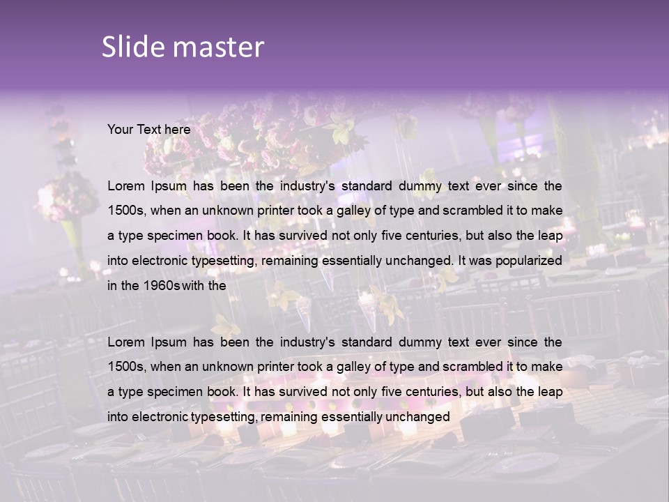 A Room Filled With Lots Of Tables Covered In Purple And White Flowers PowerPoint Template