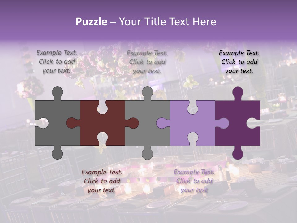 A Room Filled With Lots Of Tables Covered In Purple And White Flowers PowerPoint Template