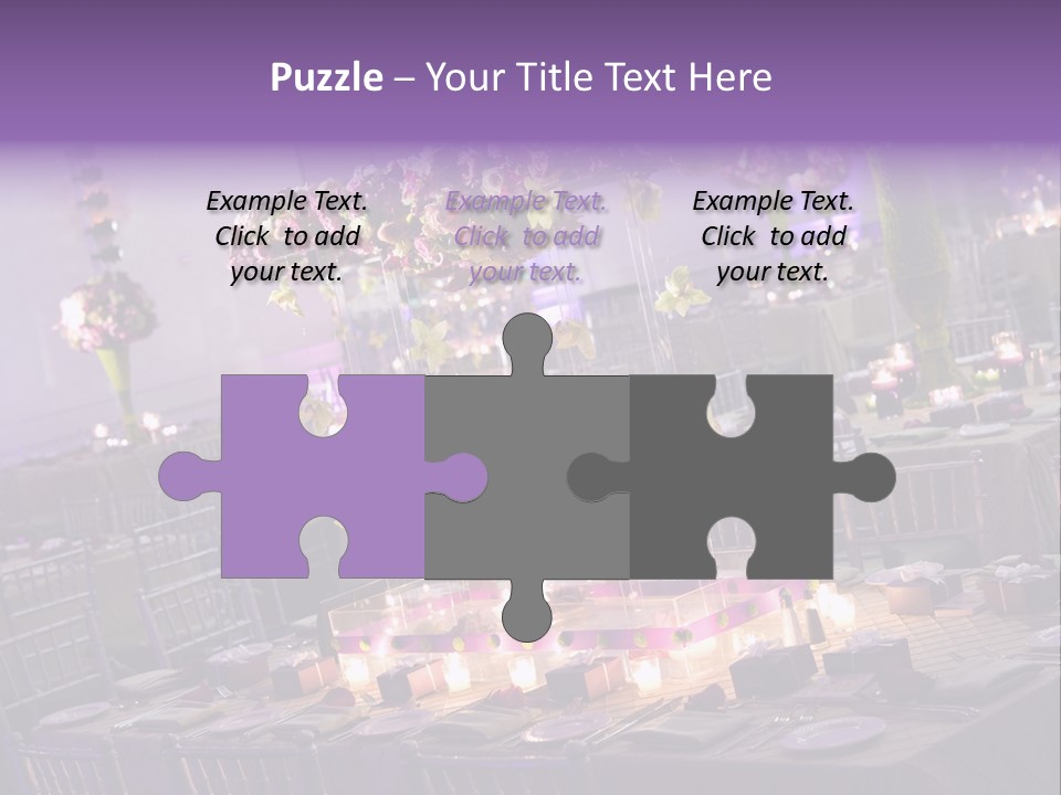 A Room Filled With Lots Of Tables Covered In Purple And White Flowers PowerPoint Template