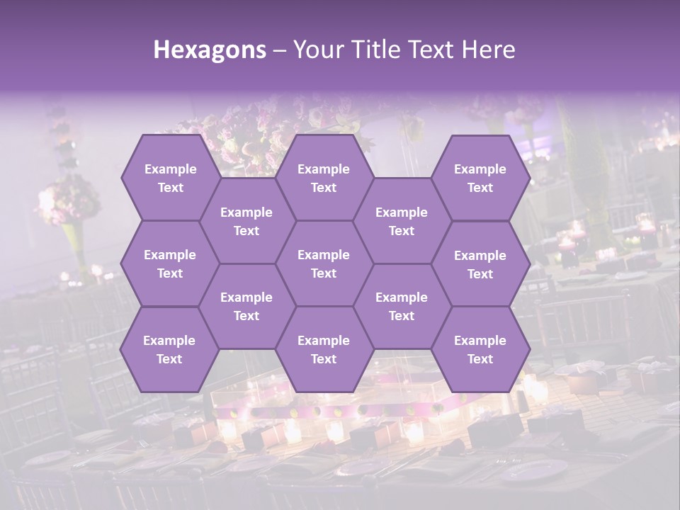 A Room Filled With Lots Of Tables Covered In Purple And White Flowers PowerPoint Template