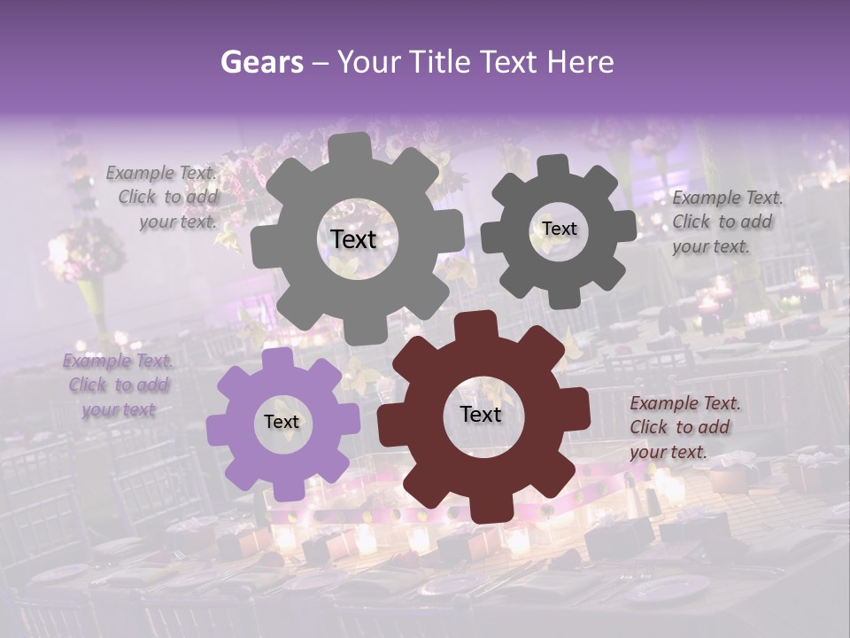A Room Filled With Lots Of Tables Covered In Purple And White Flowers PowerPoint Template