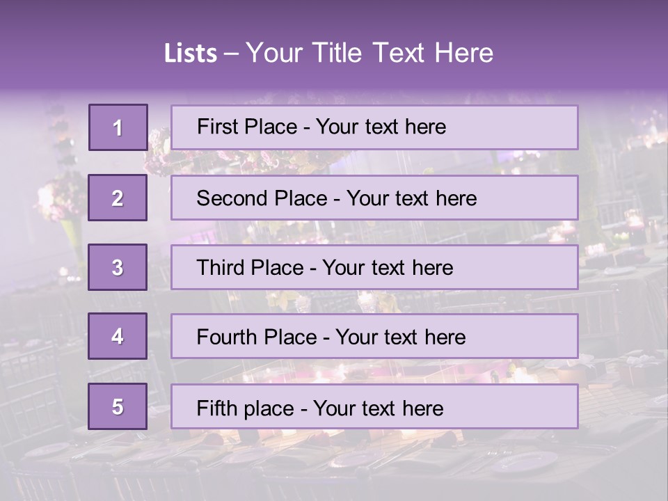 A Room Filled With Lots Of Tables Covered In Purple And White Flowers PowerPoint Template