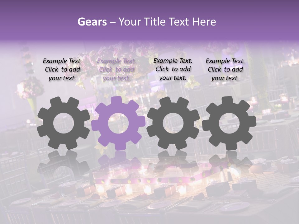 A Room Filled With Lots Of Tables Covered In Purple And White Flowers PowerPoint Template