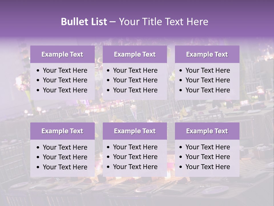 A Room Filled With Lots Of Tables Covered In Purple And White Flowers PowerPoint Template