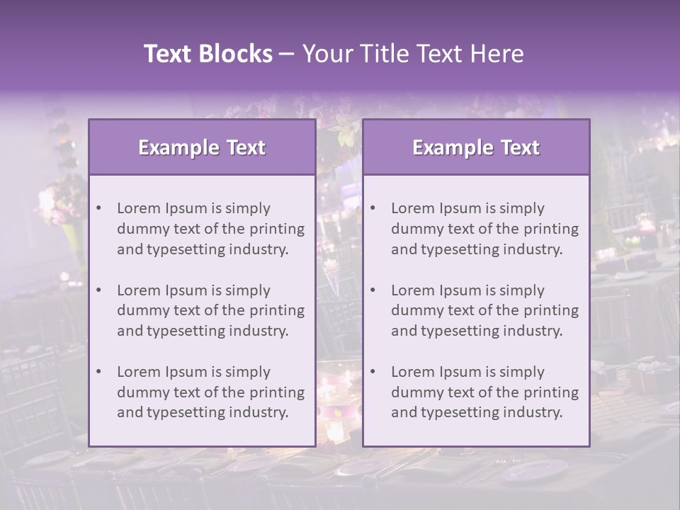 A Room Filled With Lots Of Tables Covered In Purple And White Flowers PowerPoint Template