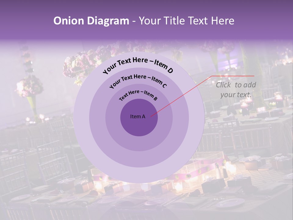 A Room Filled With Lots Of Tables Covered In Purple And White Flowers PowerPoint Template