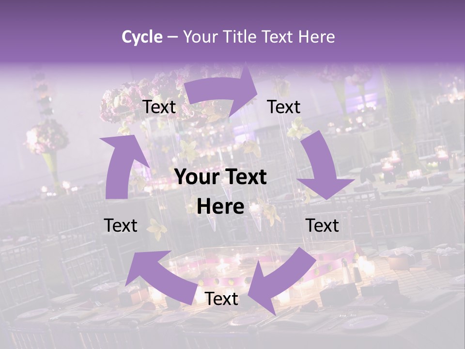 A Room Filled With Lots Of Tables Covered In Purple And White Flowers PowerPoint Template