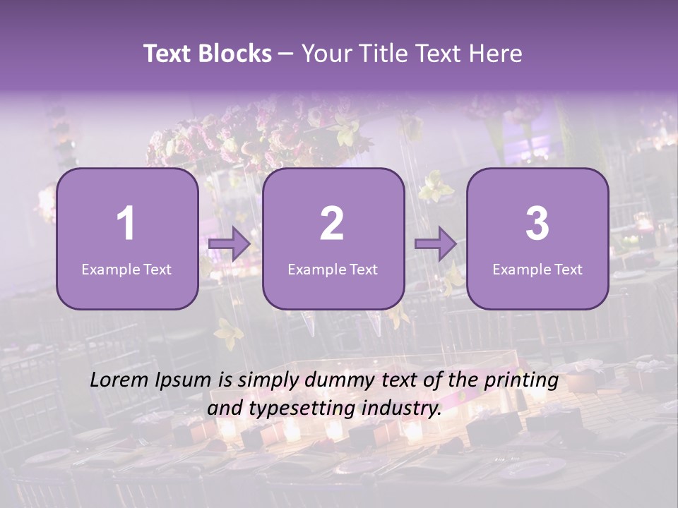 A Room Filled With Lots Of Tables Covered In Purple And White Flowers PowerPoint Template