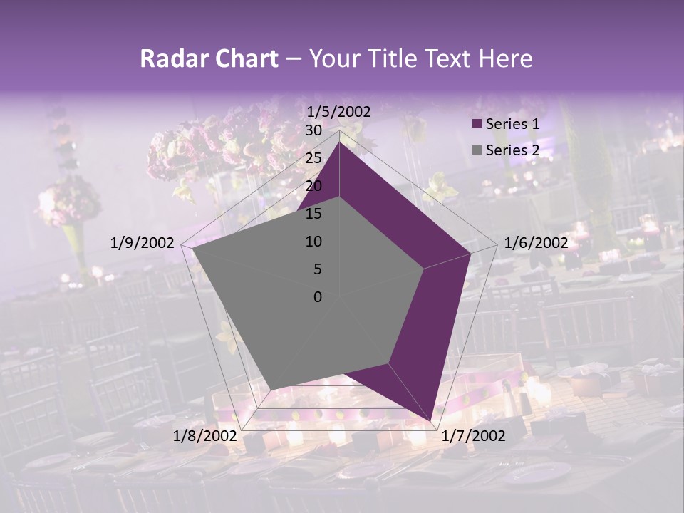 A Room Filled With Lots Of Tables Covered In Purple And White Flowers PowerPoint Template