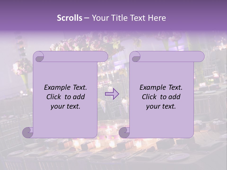 A Room Filled With Lots Of Tables Covered In Purple And White Flowers PowerPoint Template