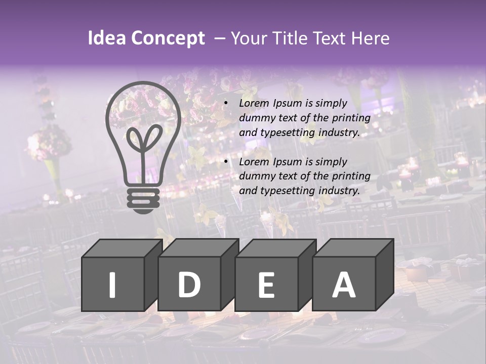 A Room Filled With Lots Of Tables Covered In Purple And White Flowers PowerPoint Template