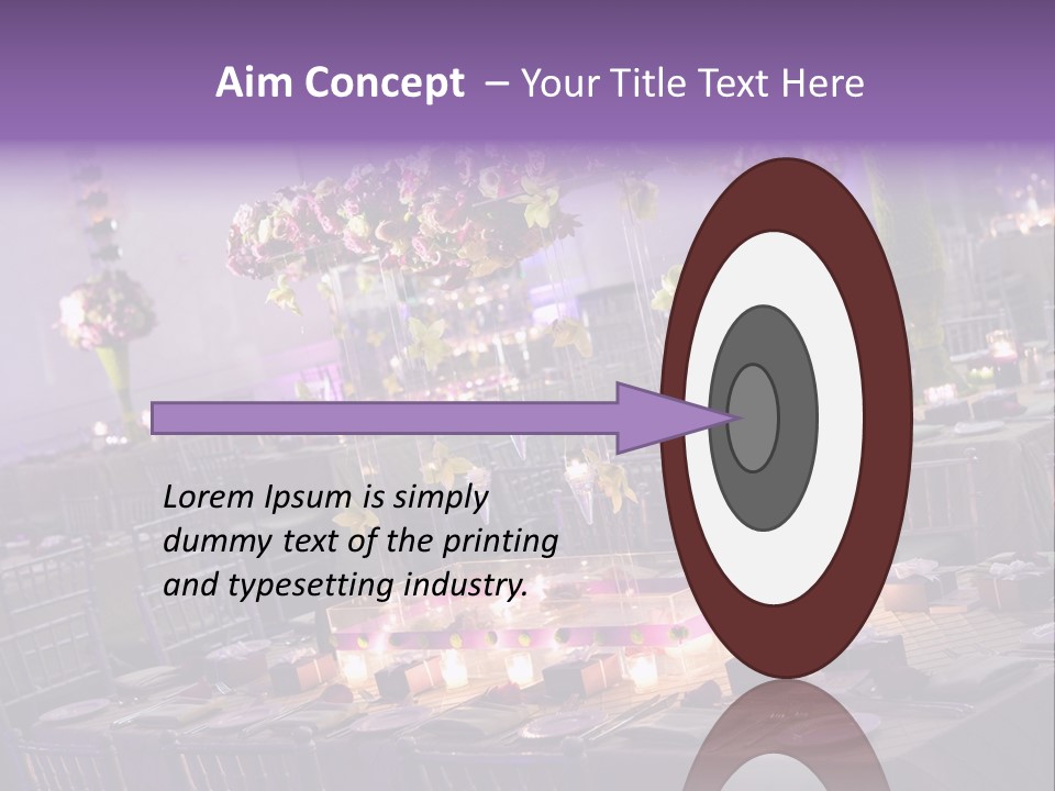 A Room Filled With Lots Of Tables Covered In Purple And White Flowers PowerPoint Template