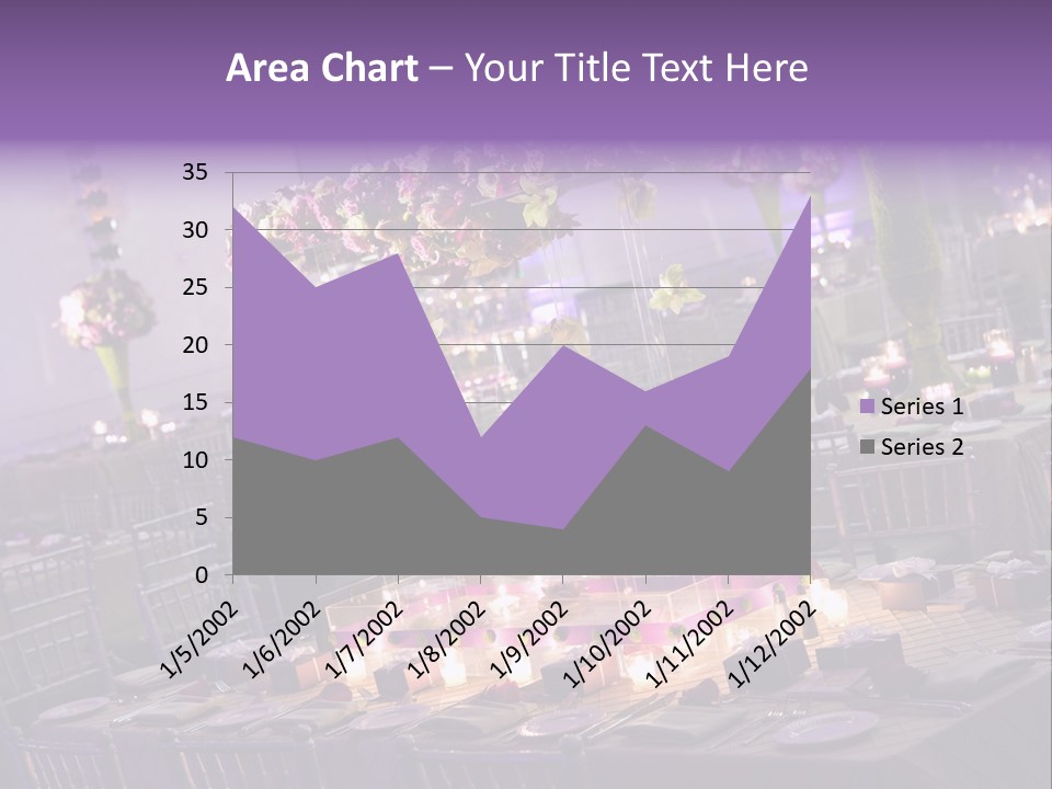 A Room Filled With Lots Of Tables Covered In Purple And White Flowers PowerPoint Template