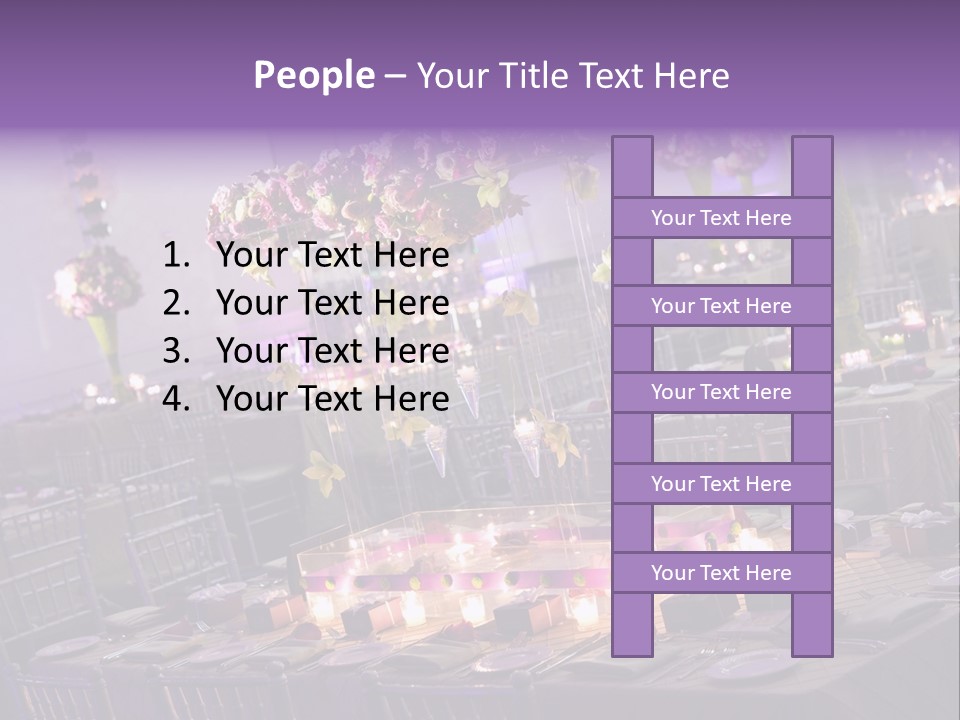 A Room Filled With Lots Of Tables Covered In Purple And White Flowers PowerPoint Template