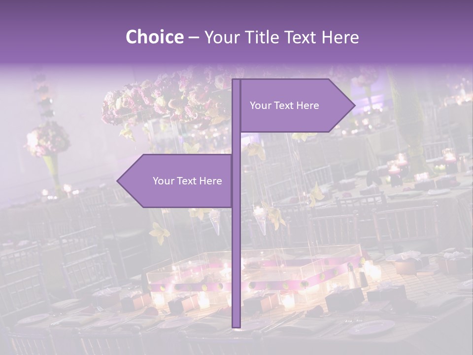 A Room Filled With Lots Of Tables Covered In Purple And White Flowers PowerPoint Template