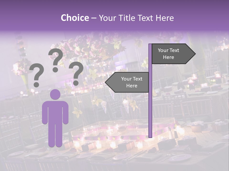 A Room Filled With Lots Of Tables Covered In Purple And White Flowers PowerPoint Template