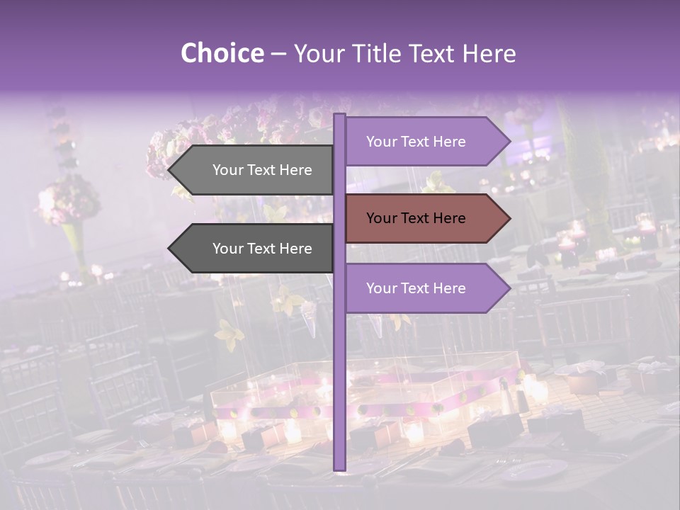 A Room Filled With Lots Of Tables Covered In Purple And White Flowers PowerPoint Template
