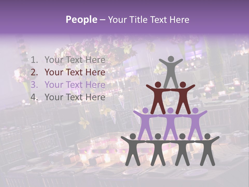 A Room Filled With Lots Of Tables Covered In Purple And White Flowers PowerPoint Template