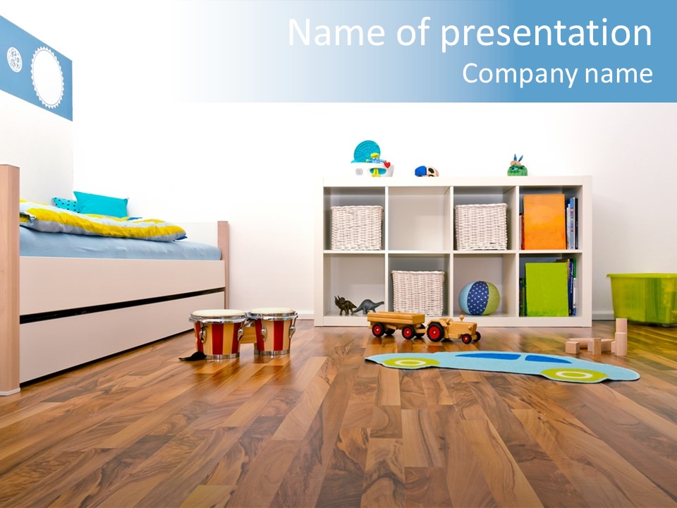 A Child's Room With A Bookcase And Toys PowerPoint Template