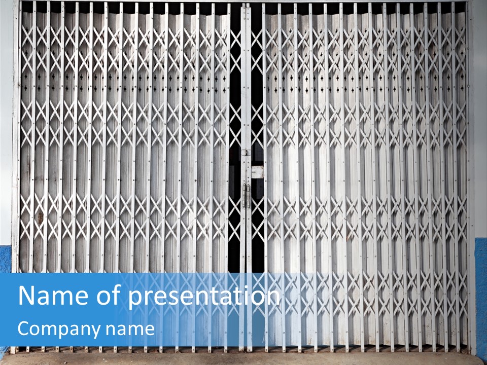 A Blue And White Wall With A Metal Gate PowerPoint Template