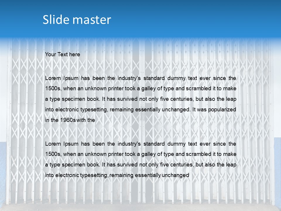 A Blue And White Wall With A Metal Gate PowerPoint Template