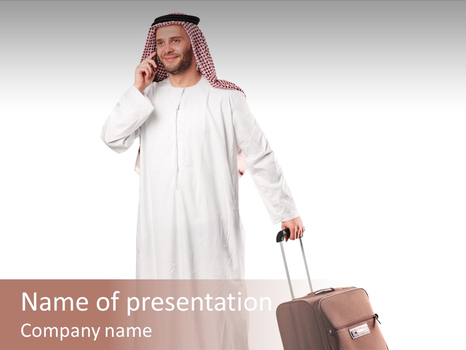 A Man With A Suit And A Suitcase Is Talking On The Phone PowerPoint Template